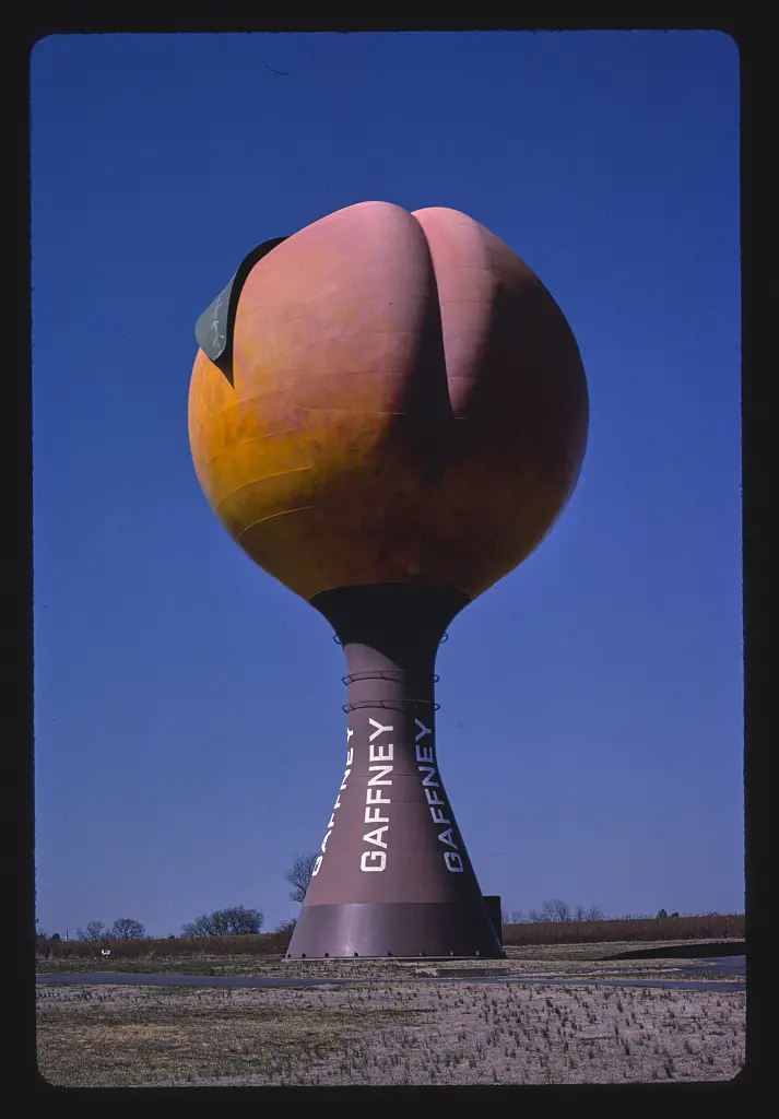 Peach water tower, angle 2, Frontage Road, Gaffney, South Carolina