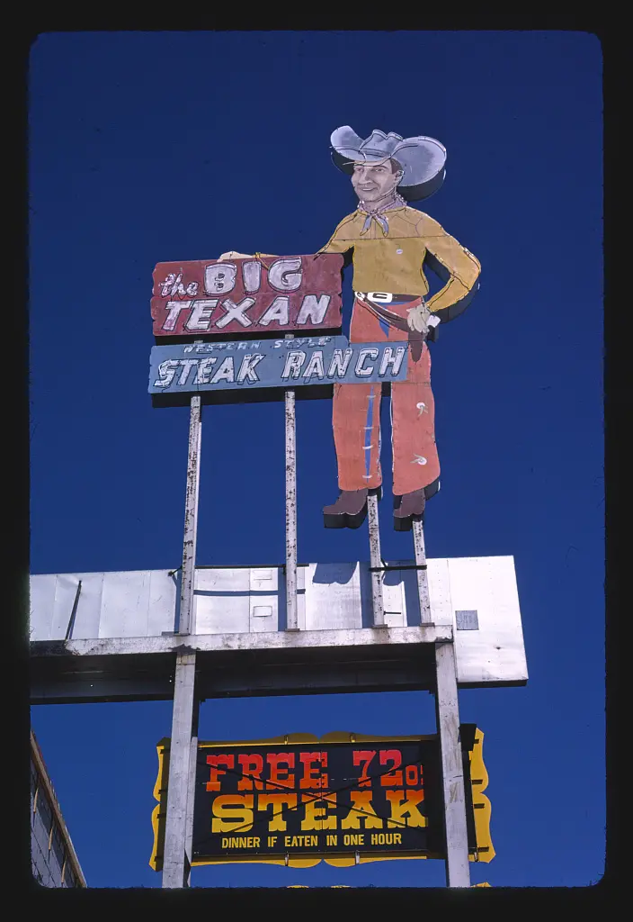 Big Texan Steak Ranch Restaurant sign, beside I-40, Amarillo, Texas